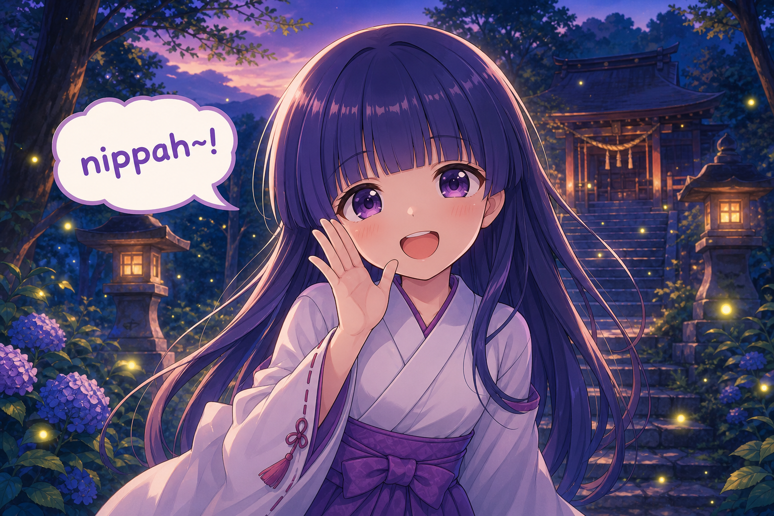 Rika Furude smiling at the shrine and saying nippah~!